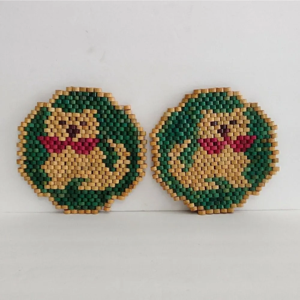 Vtg Pair of Boho Bamboo Wooden Beaded Cat Dog Trivets Kitchen Hot Plate Wall Art
